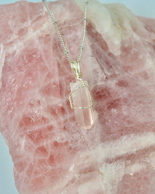 Pink Quartz Crystal Necklace Mini ~ Silver ~